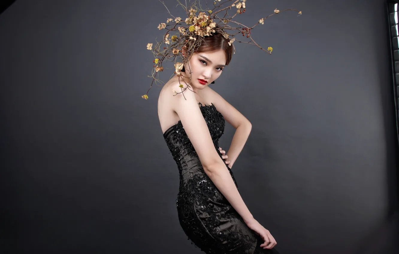 Photo wallpaper look, girl, dress, Asian, wreath