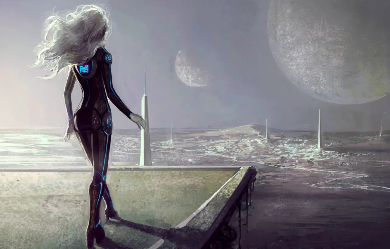 Photo wallpaper girl, fiction, hair, planet, art, cyborg