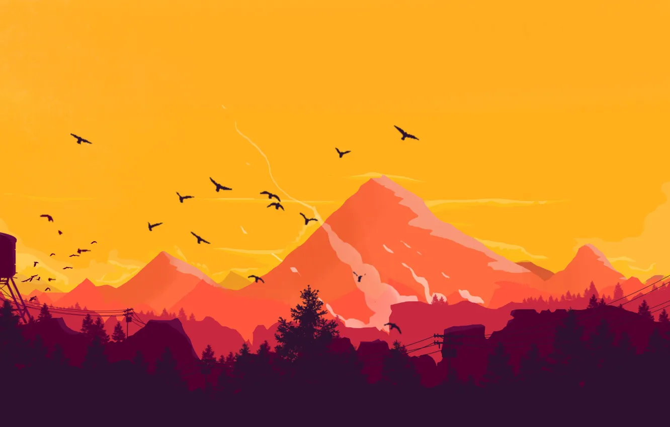 Photo wallpaper Mountains, The game, People, Forest, View, Birds, Orange, Silhouette