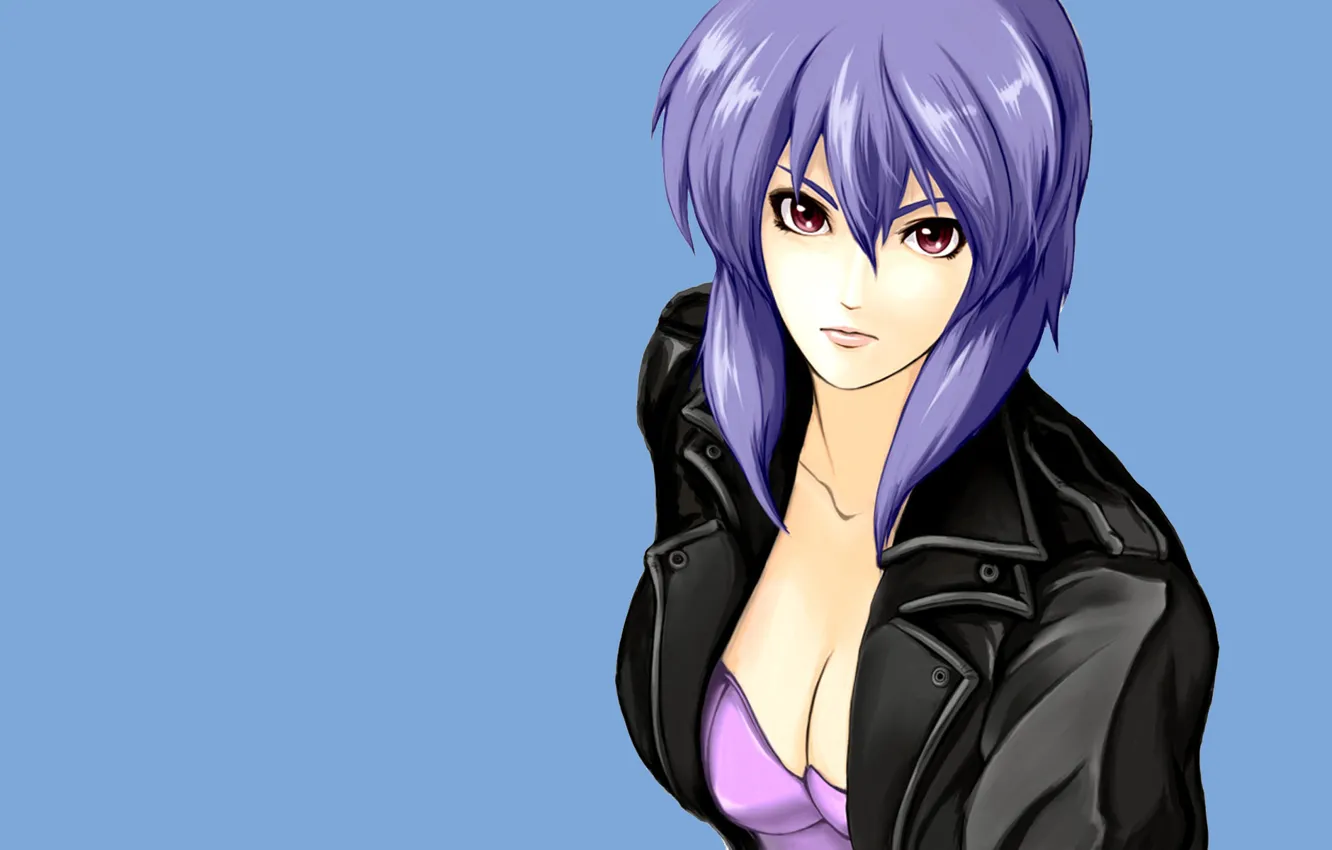Photo wallpaper look, girl, background, Ghost in the Shell, purple hair, leather jacket, The Fireworks Kusanagi, Motoko …