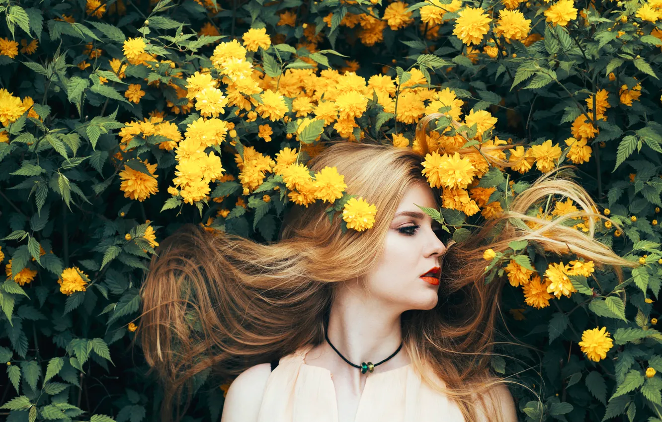 Photo wallpaper Girl, Nature, Flowers, Beauty, Yellow, Summer, Hair, Long