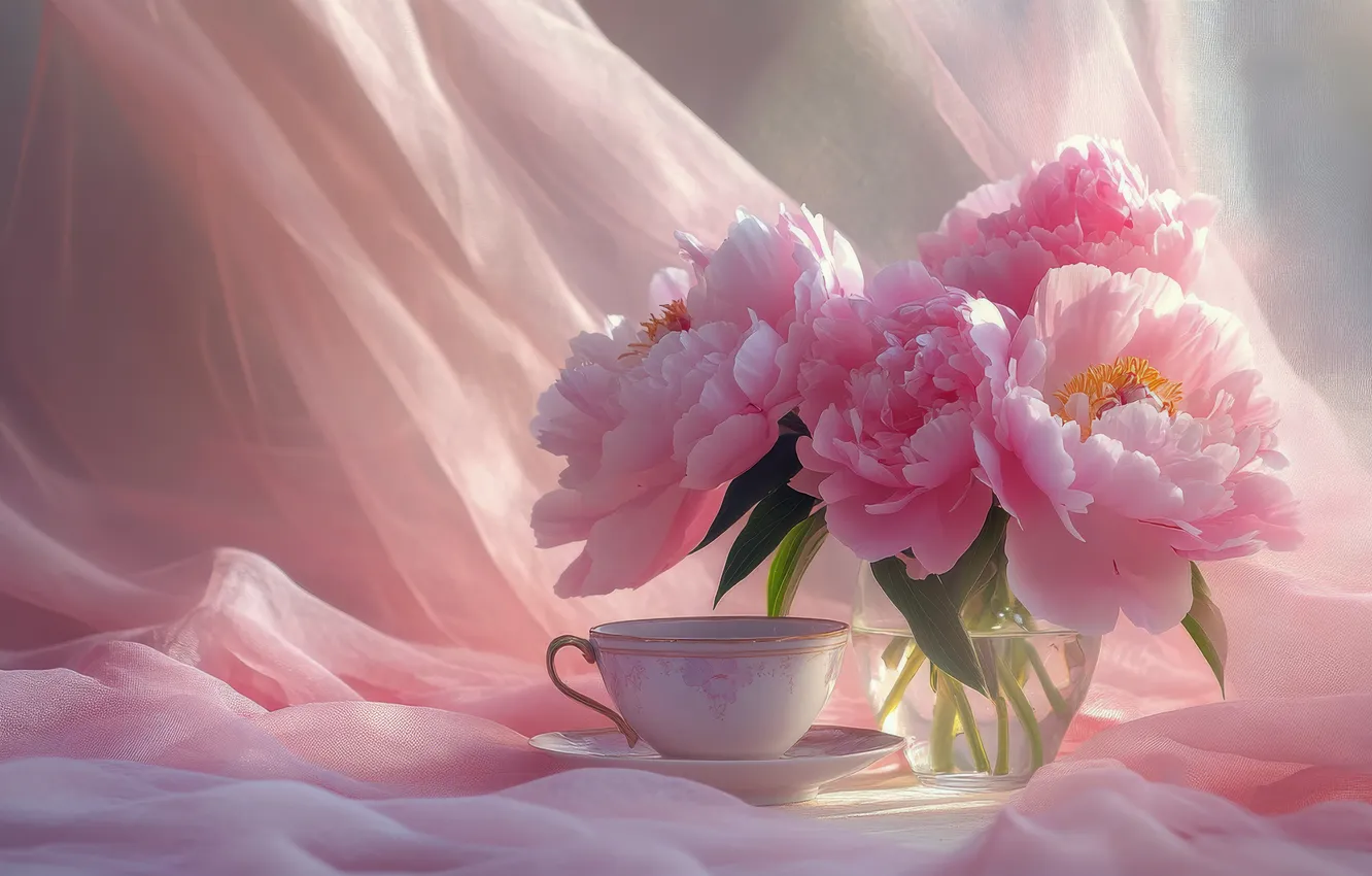 Photo wallpaper light, flowers, tea, tenderness, bouquet, spring, Cup, fabric