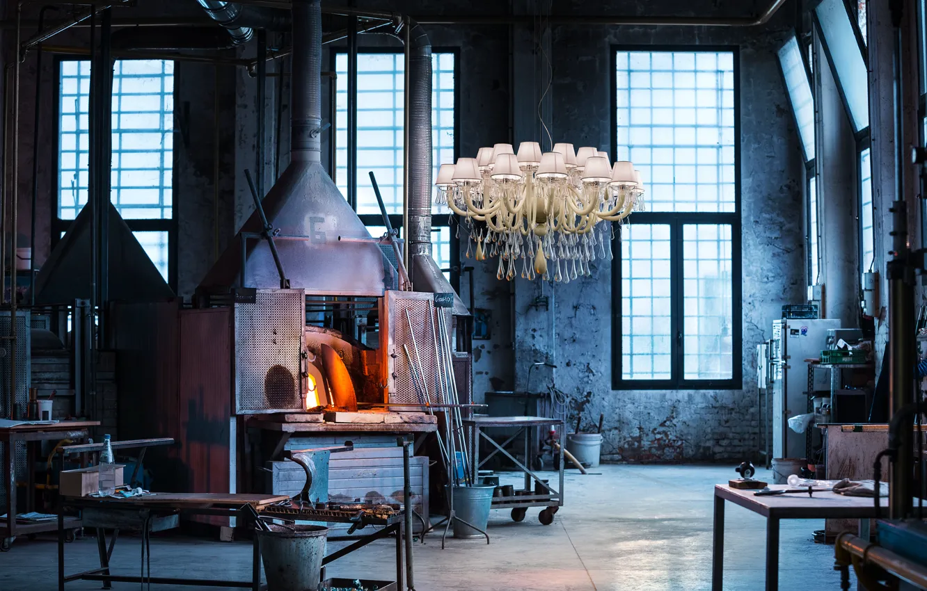 Photo wallpaper room, interior, Oven, chandelier, a glass-blowing workshop