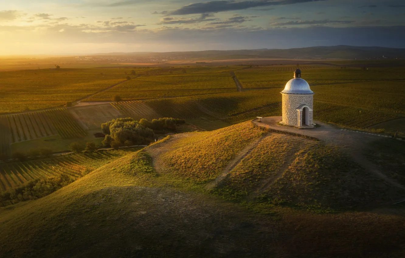 Photo wallpaper field, the sky, hills, Czech Republic, Church, chapel, Moravia