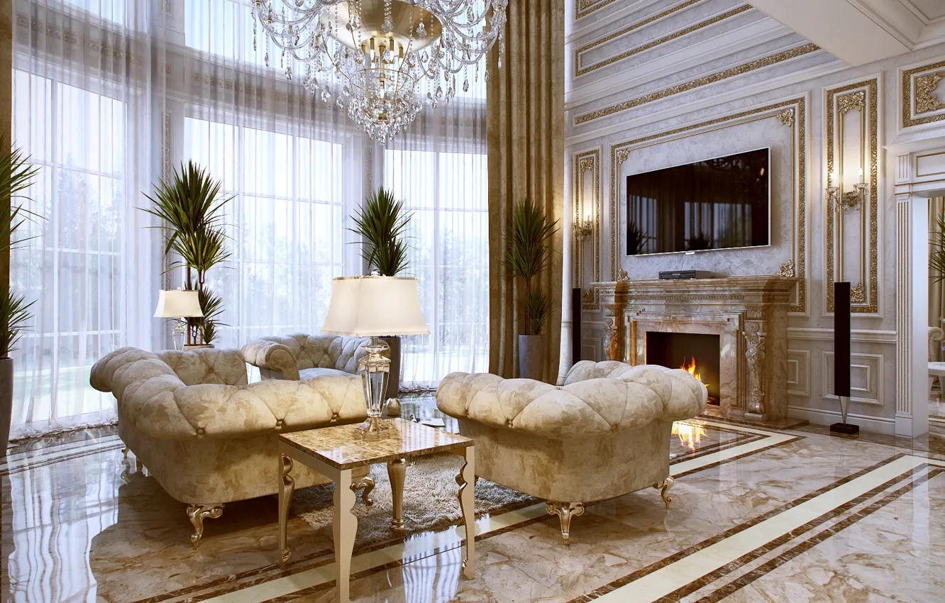 Photo wallpaper room, sofa, chair, chandelier, fireplace, table, living room, plasma