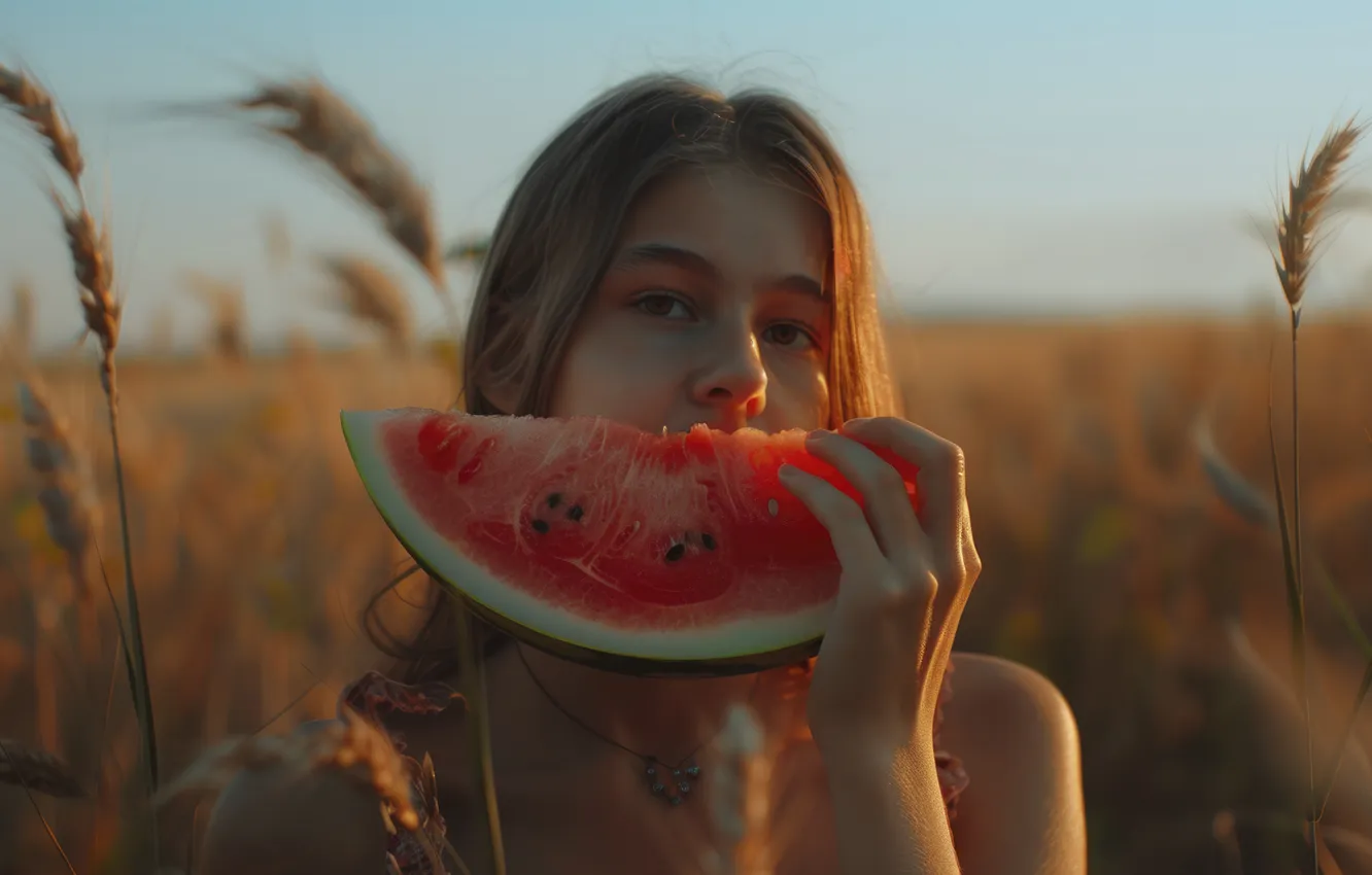 Photo wallpaper hands, decoration, slices, look, watermelon, AI art, Rus, the evening