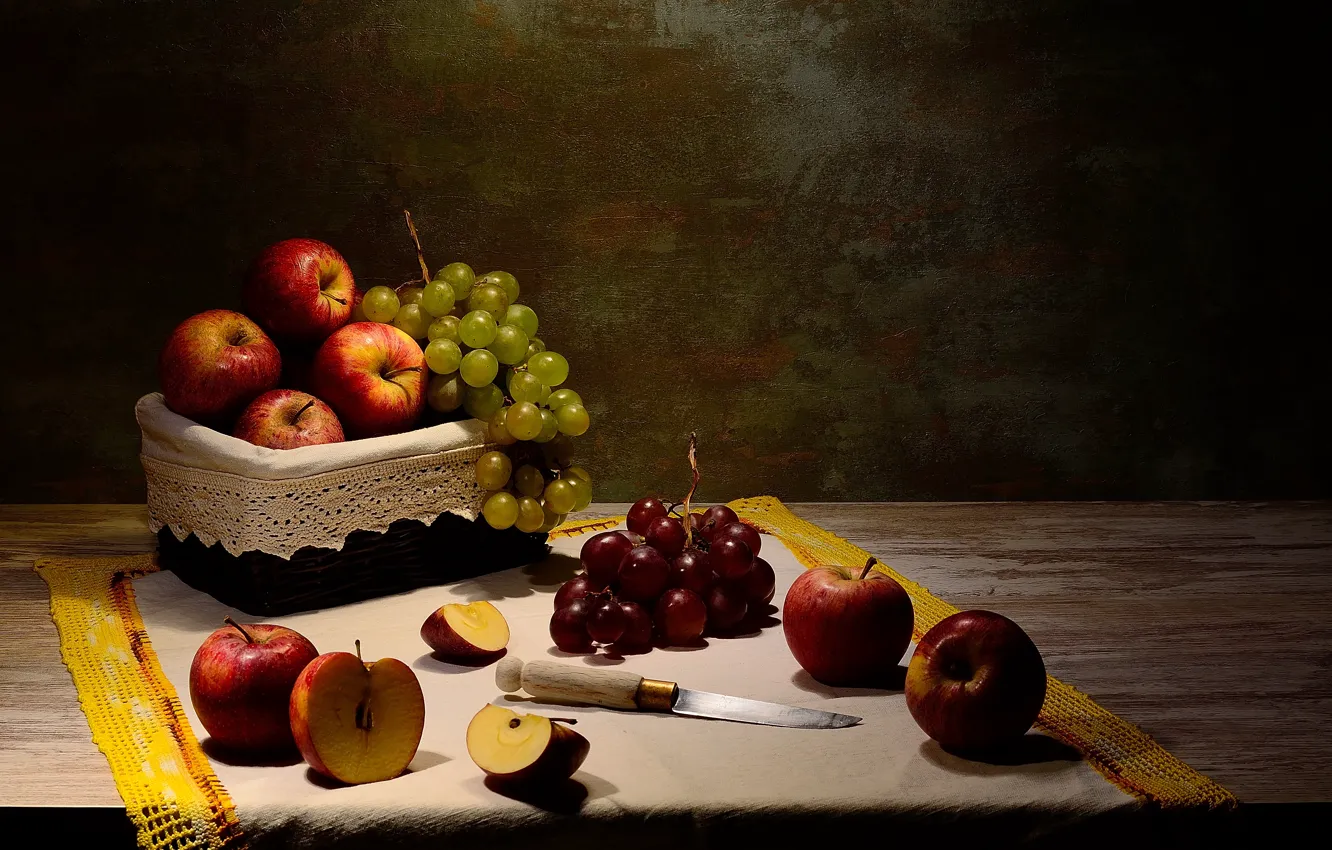 Photo wallpaper the dark background, table, apples, towel, grapes, knife, fruit, still life