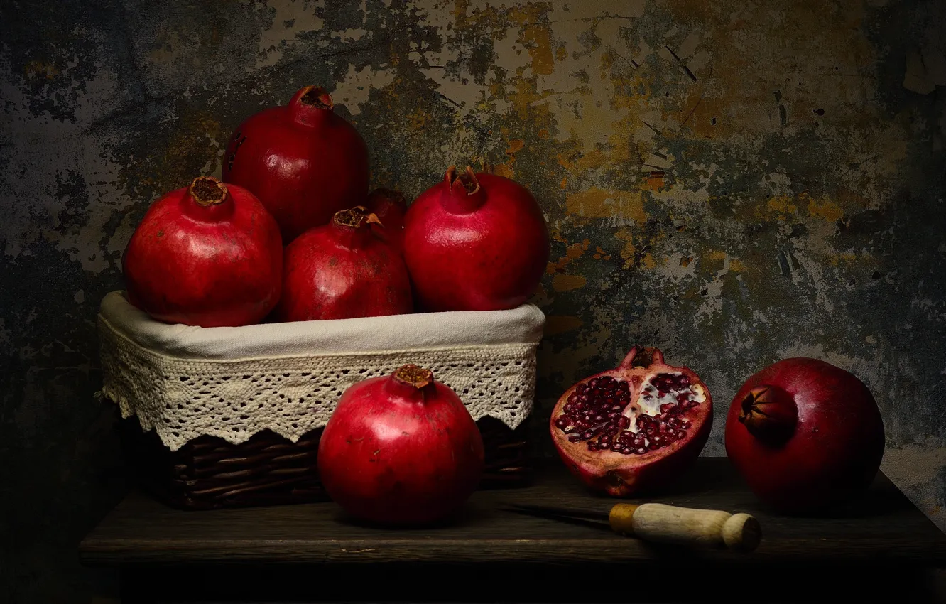 Photo wallpaper the dark background, table, still life, garnet