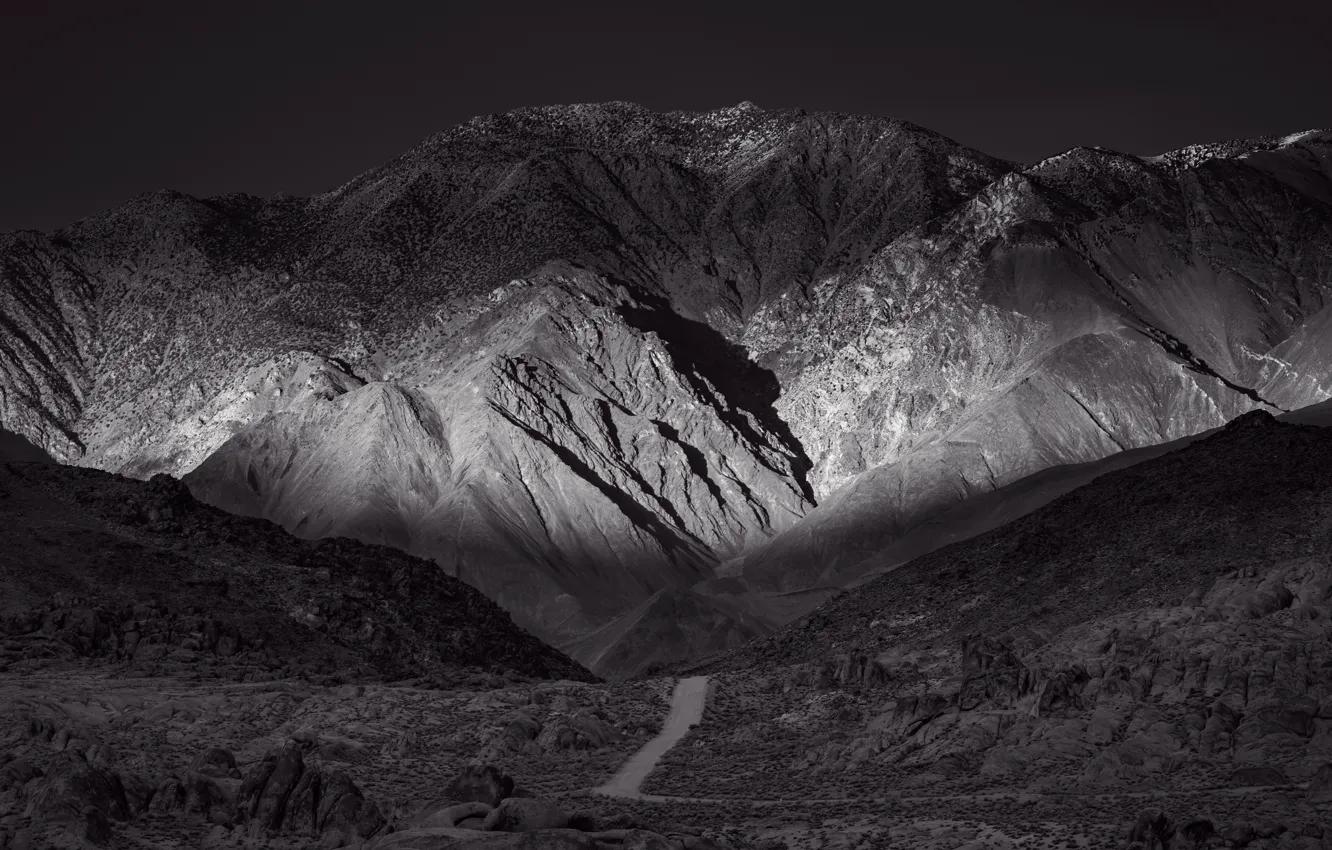 Photo wallpaper road, landscape, mountains, nature, hills, black and white