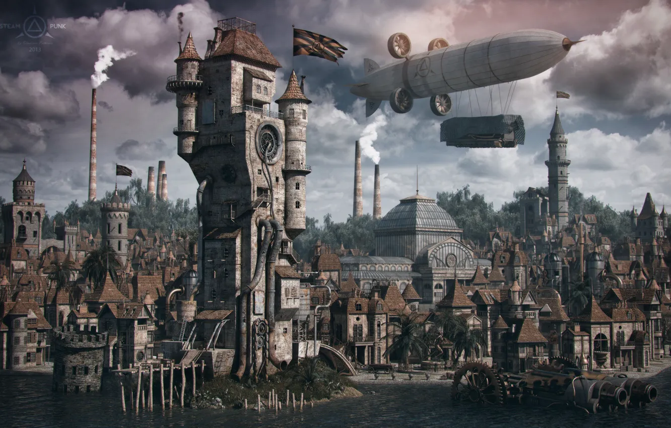 Photo wallpaper the city, building, the airship, structure, steampunk