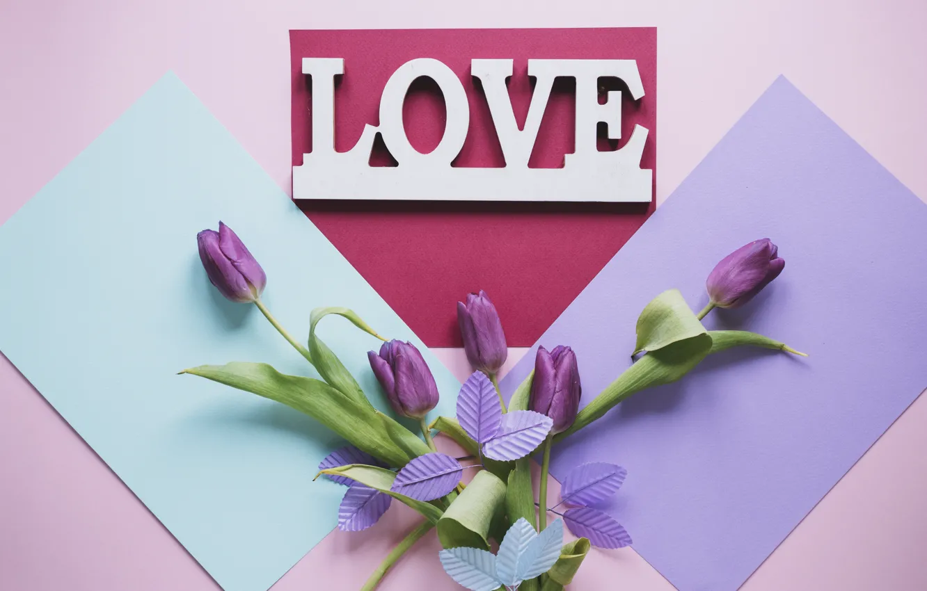 Photo wallpaper flowers, letters, tulips, love
