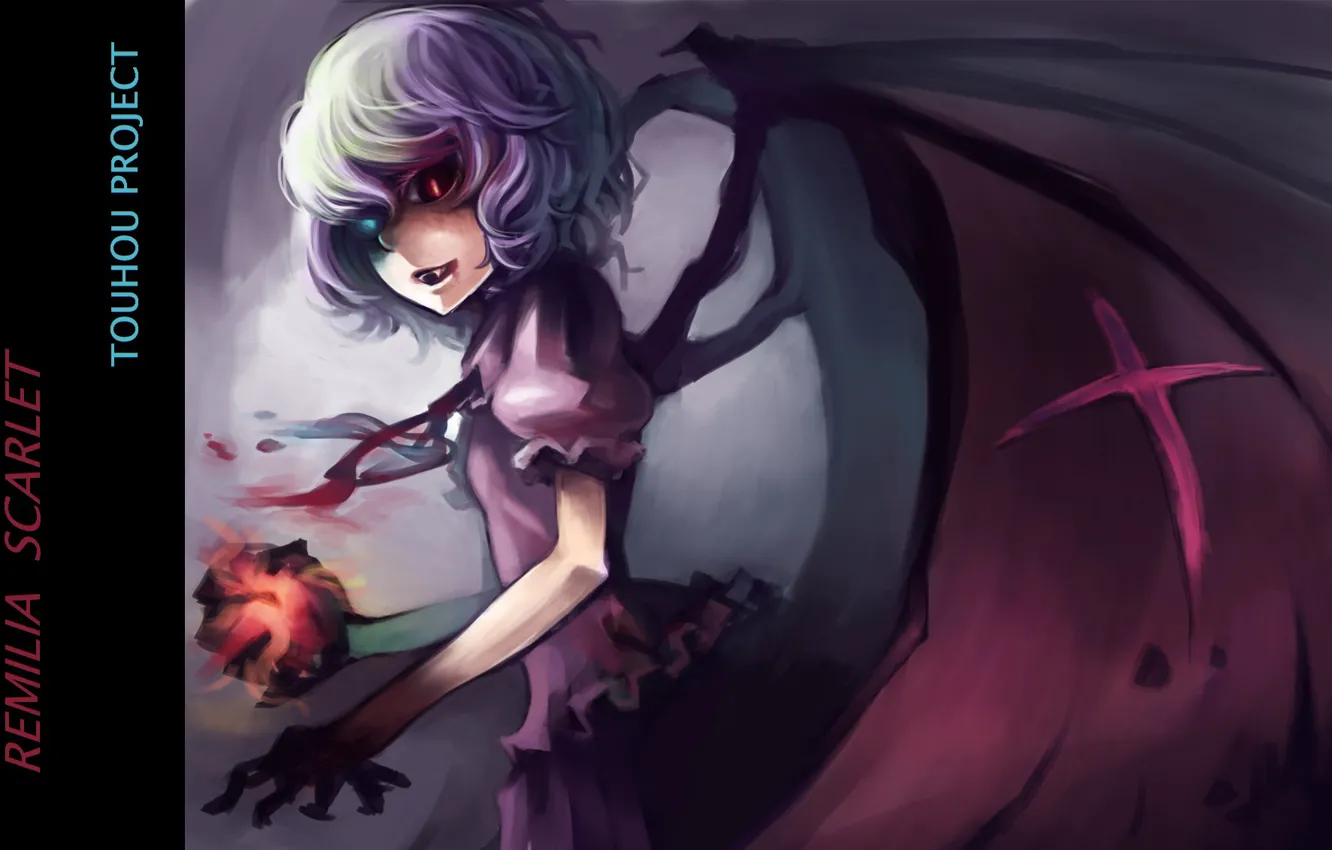 Photo wallpaper fangs, different eyes, vampire, evil eye, Remilia Scarlet, touhou projeck, black magic, bat wings