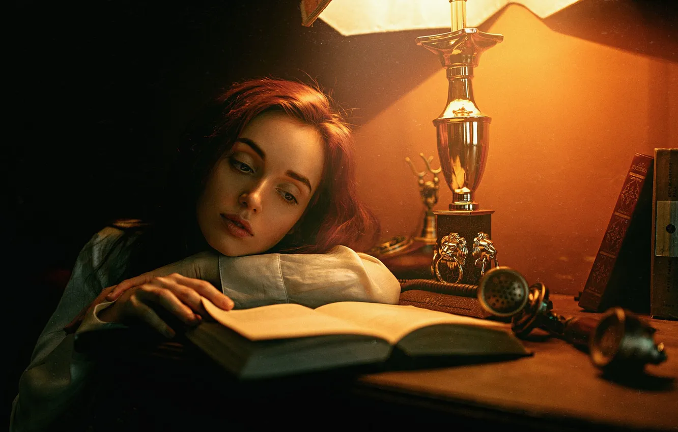 Photo wallpaper look, girl, light, hair, book, red, beautiful, Anastasia Rojf