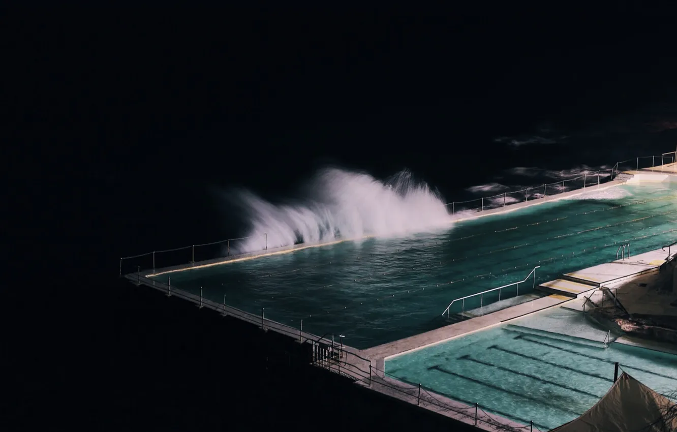 Photo wallpaper night, element, wave, pool, the sea, in the sea