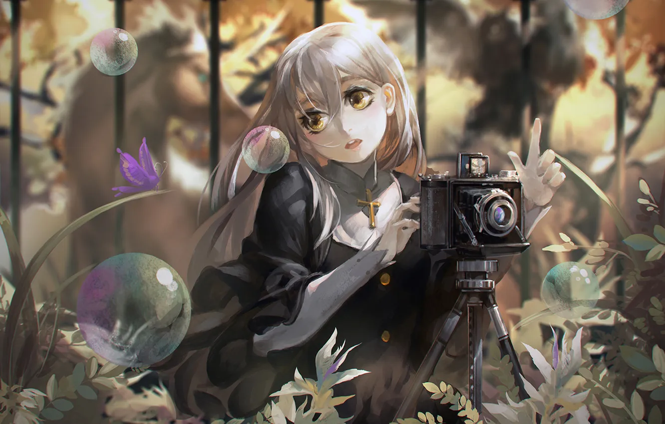Photo wallpaper girl, butterfly, cross, bubbles, the camera