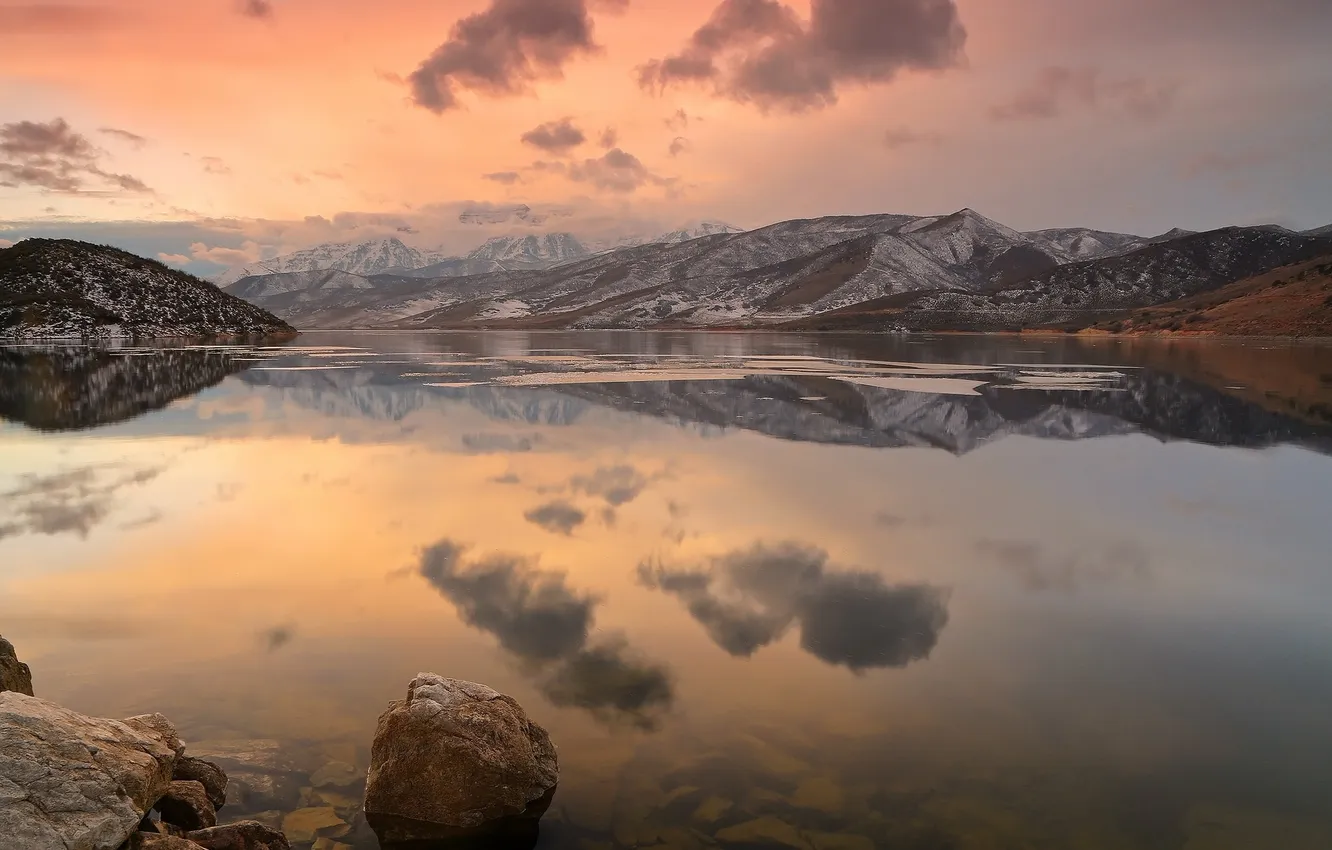 Photo wallpaper landscape, sunset, mountains, lake