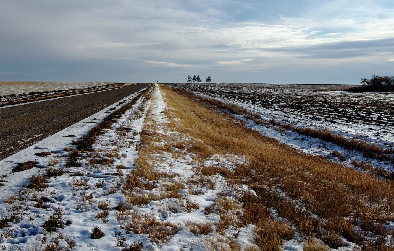 Photo wallpaper road, field, snow
