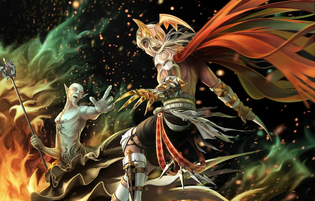 Photo wallpaper girl, lights, weapons, magic, armor, fight, the wizard