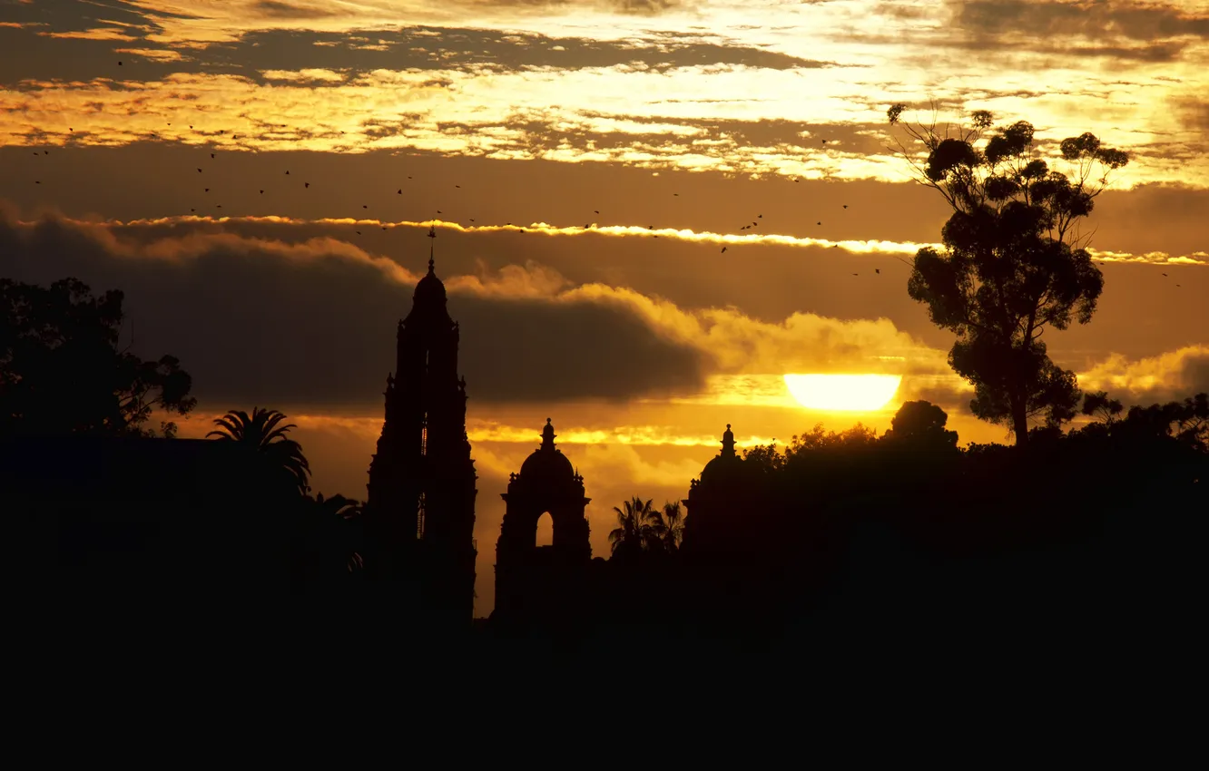 Photo wallpaper the sun, clouds, sunset, bird, building, silhouette, chapel