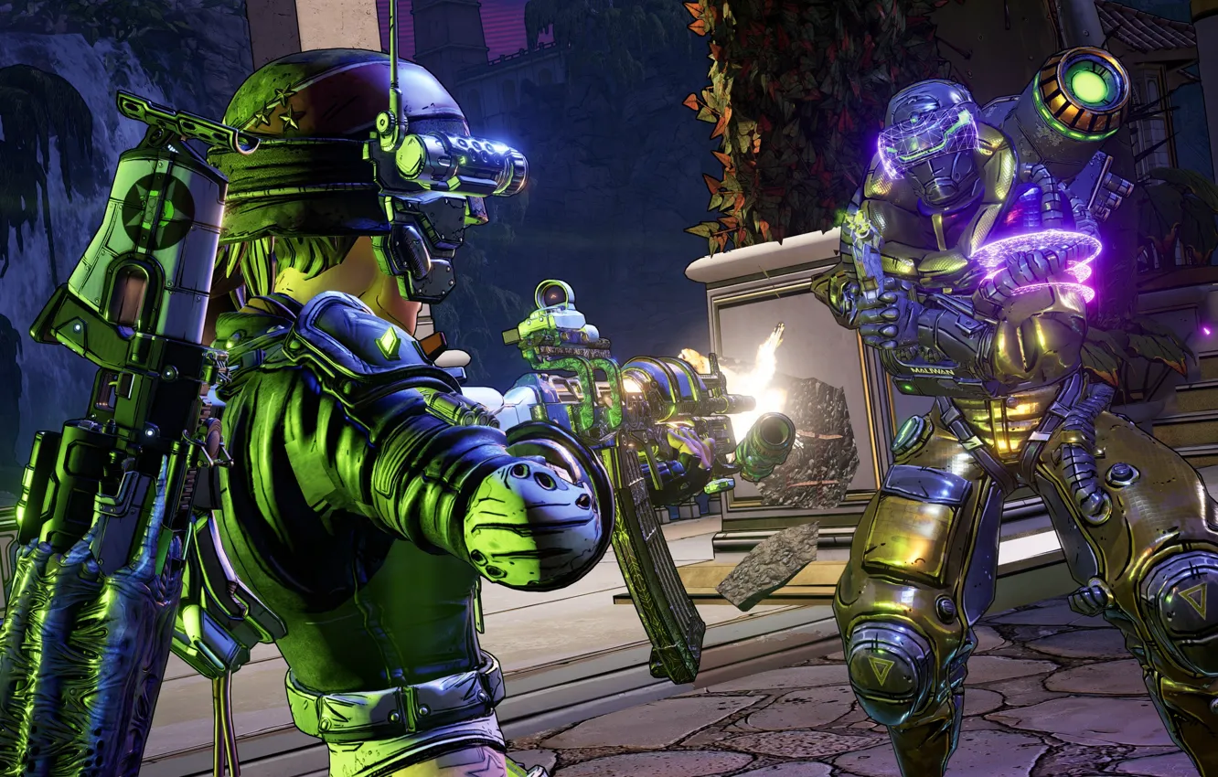 Photo wallpaper weapons, armor, guy, cyborg, two, Borderlands 3