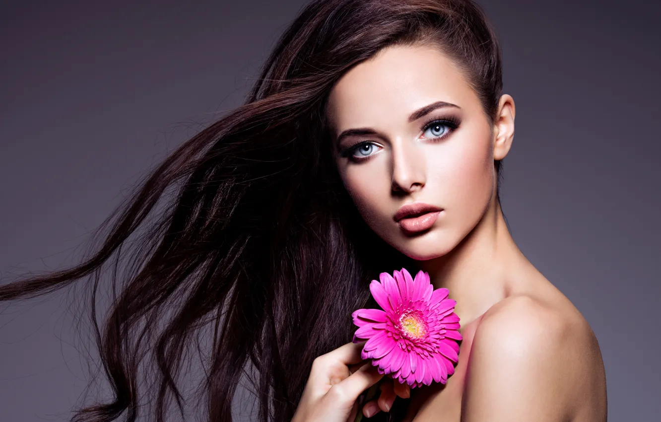 Photo wallpaper eyes, look, girl, flowers, blue, makeup, brunette, girl