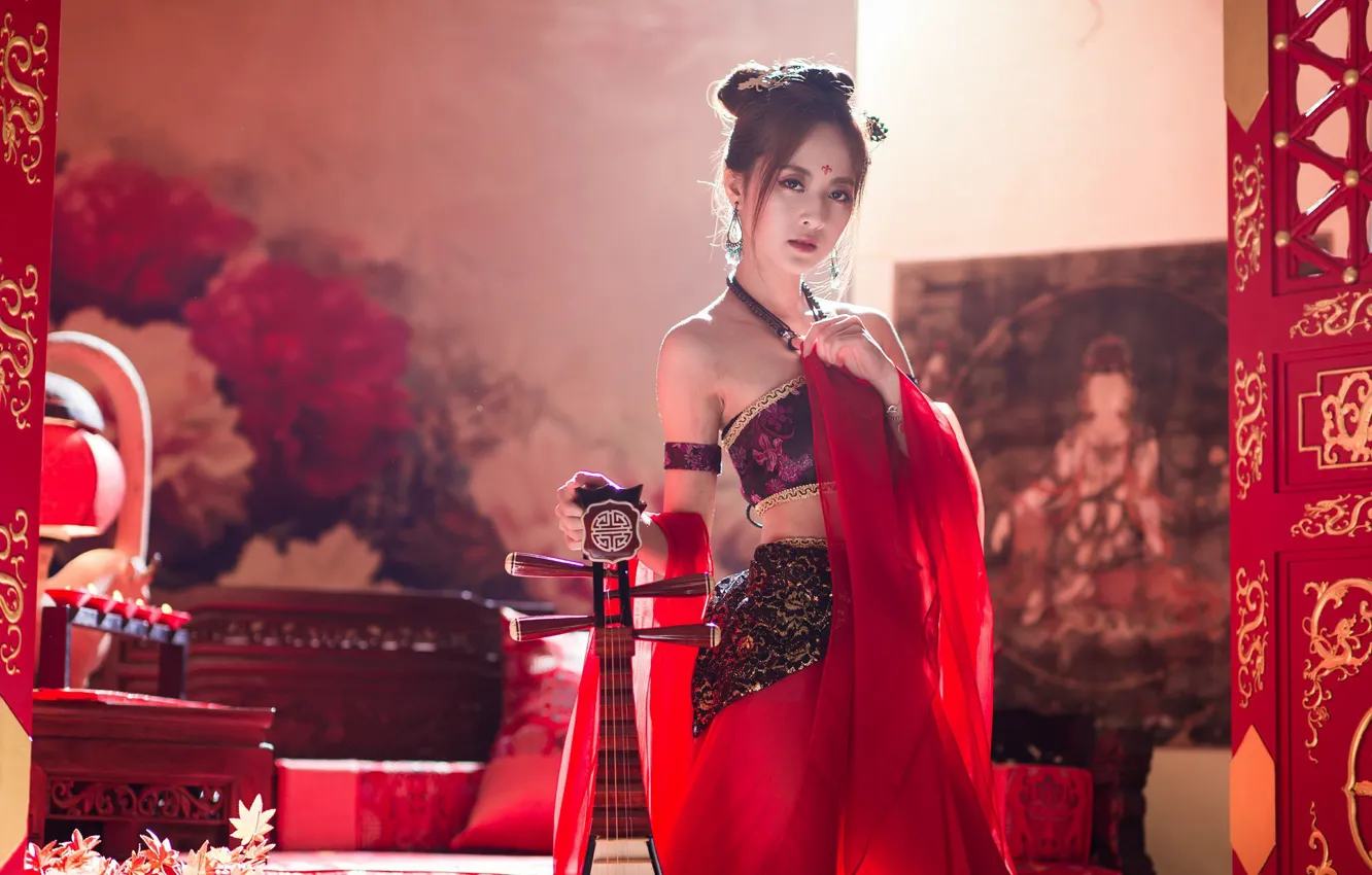 Photo wallpaper Girl, Asian, Outfit, Musical Instrument