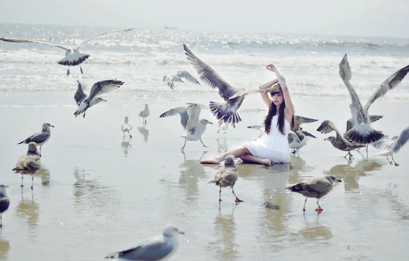 Photo wallpaper sea, girl, birds