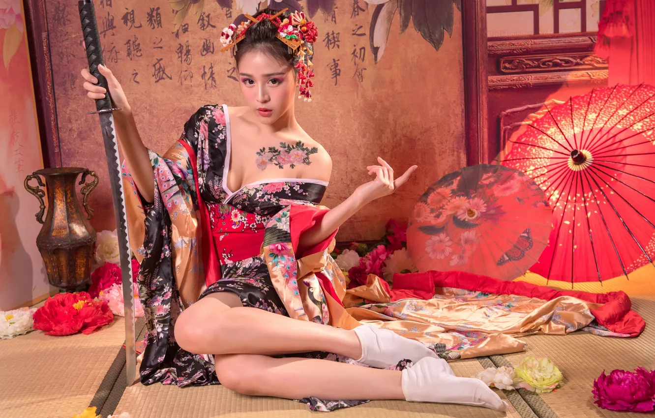 Photo wallpaper girl, style, sword, kimono, Asian, sitting