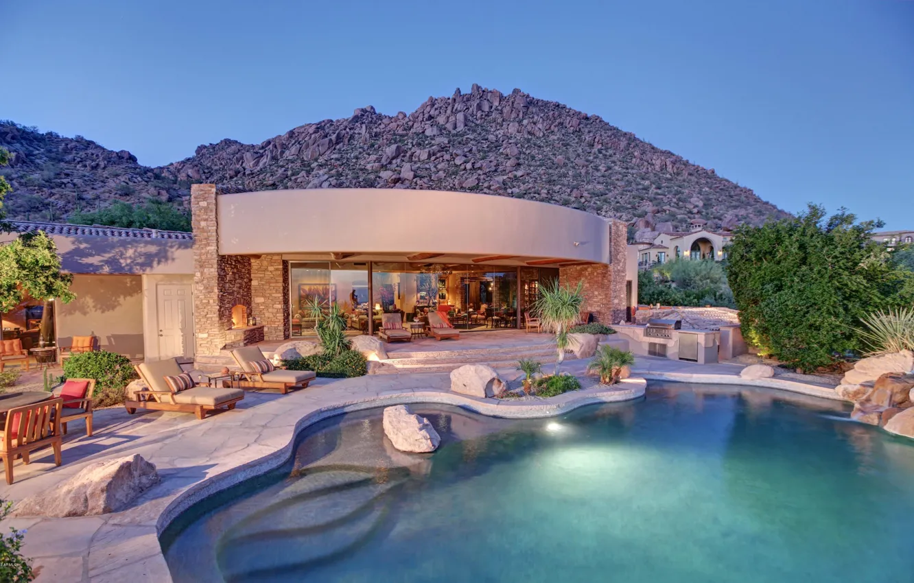 Photo wallpaper stones, sofa, Villa, home, pool, house, pool, living room