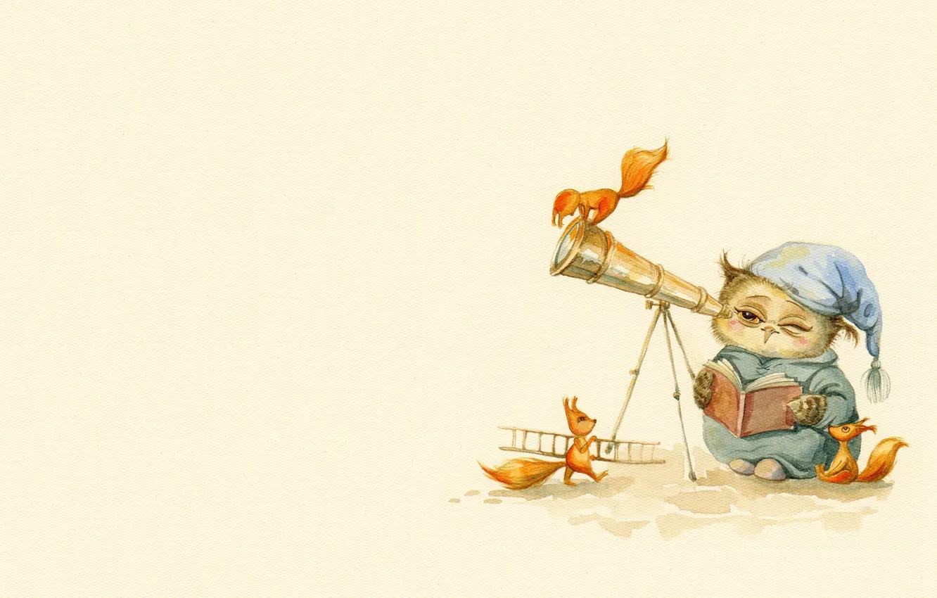 Photo wallpaper mood, owl, art, telescope, cap, squirrel, children's, sovushka