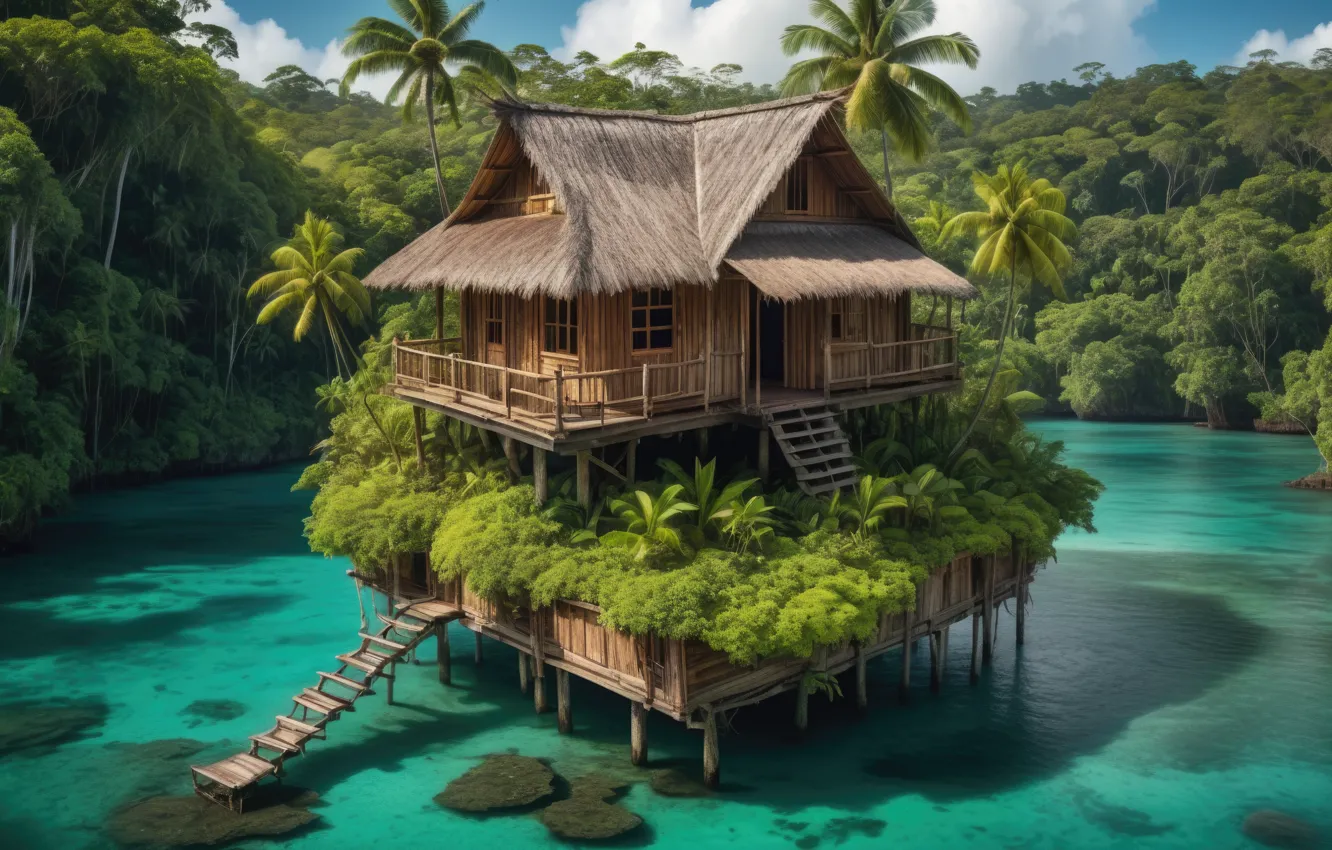Photo wallpaper island, jungle, hut