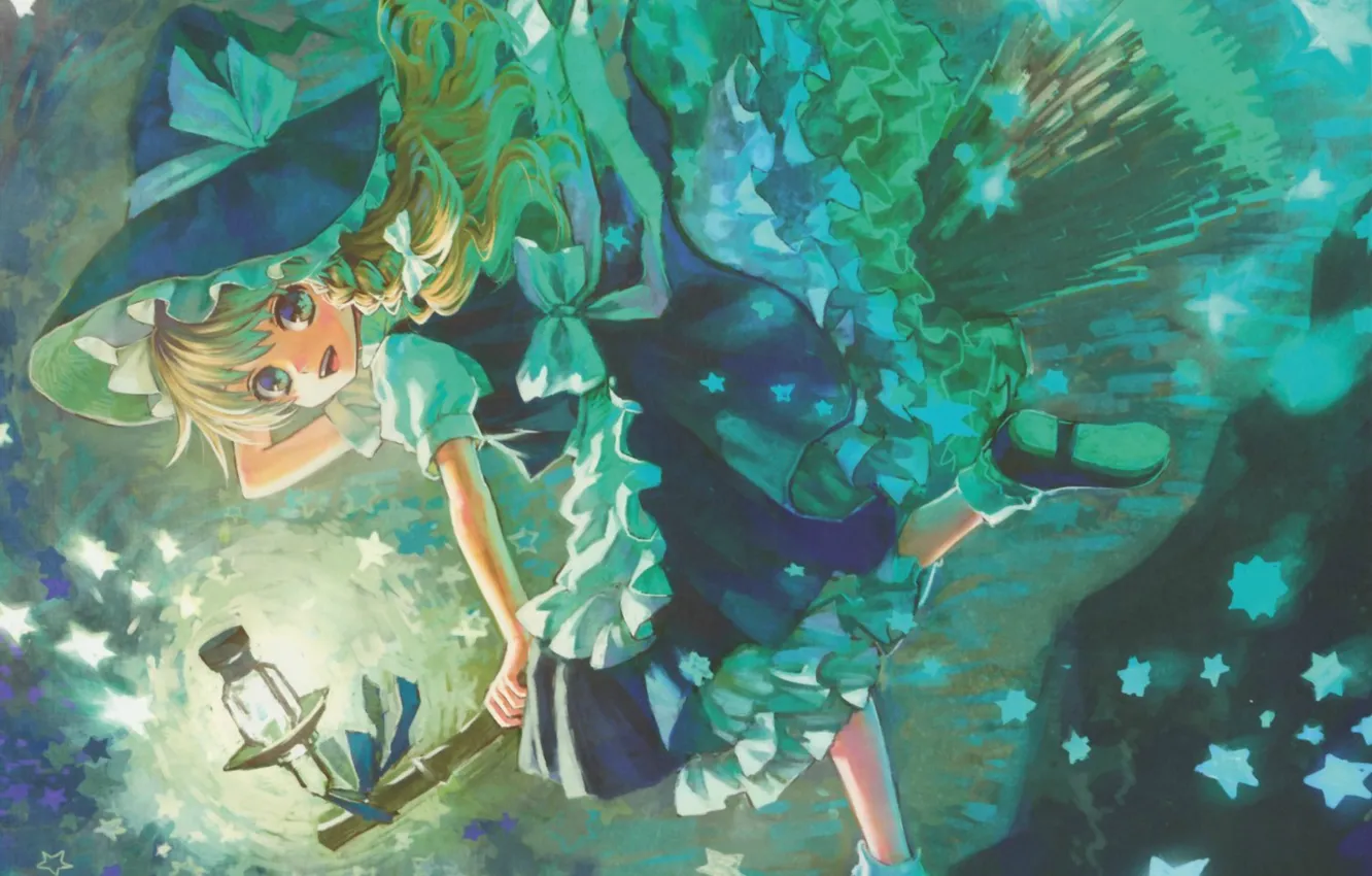 Photo wallpaper smile, lantern, broom, stars, touhou, art, ruffles, Kirisame Marisa