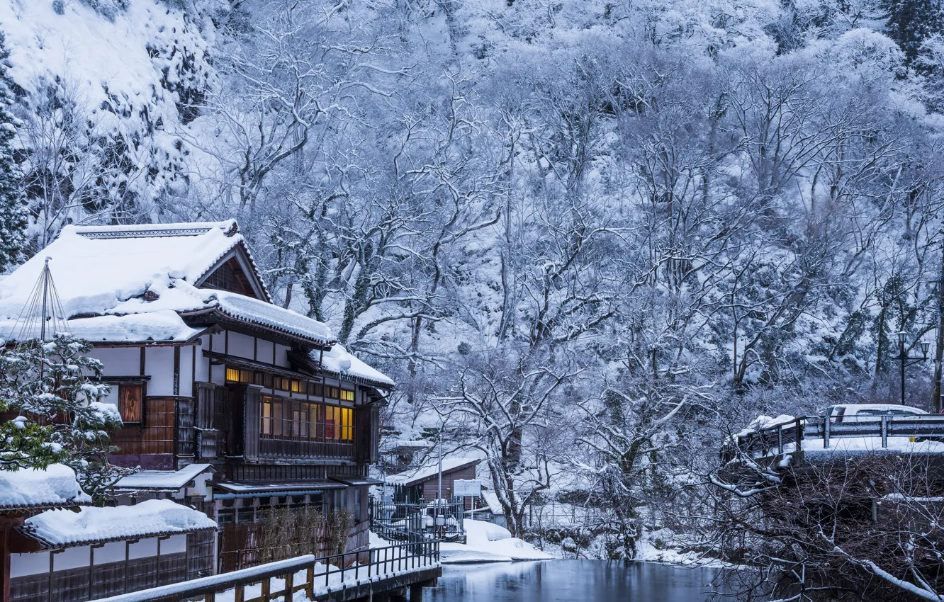 Photo wallpaper winter, forest, trees, river, building, home, Japan