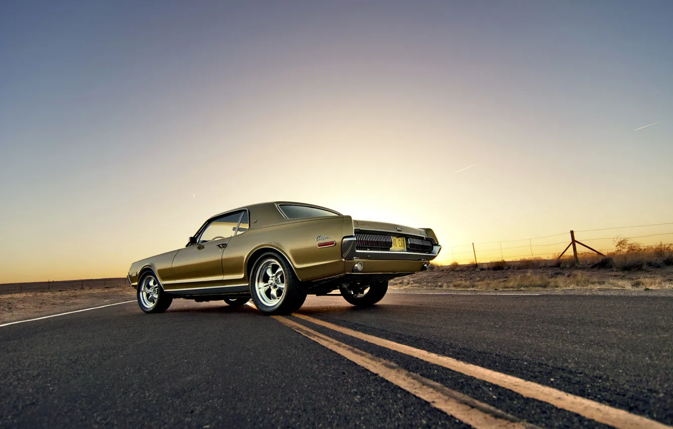 Photo wallpaper road, the sky, the fence, the evening, wheel, back, Cougar, 1967