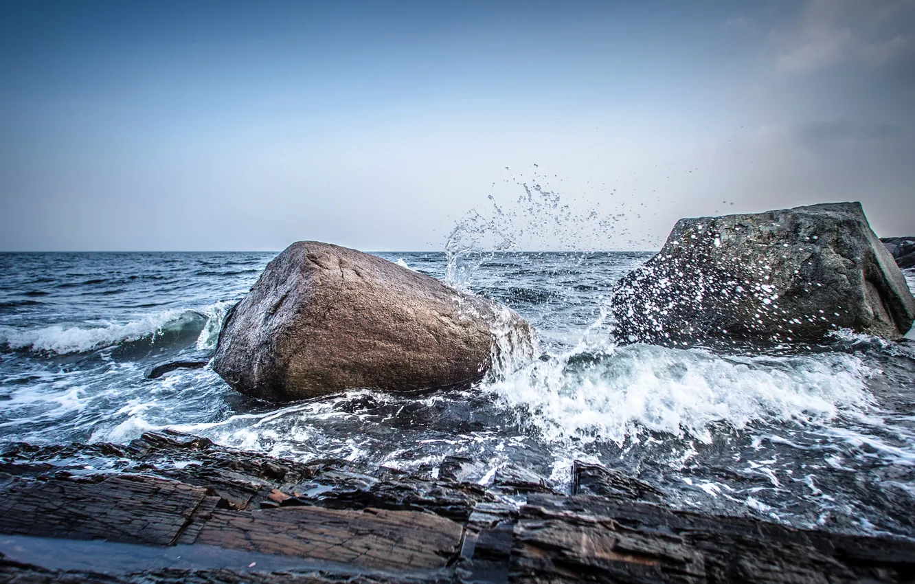 Photo wallpaper sea, the sky, squirt, storm, stones, rocks, Norway
