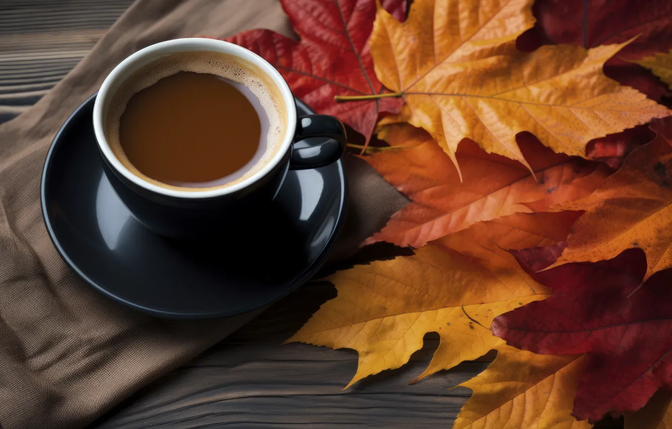 Photo wallpaper autumn, leaves, wood, autumn, leaves, cup, coffee, cozy