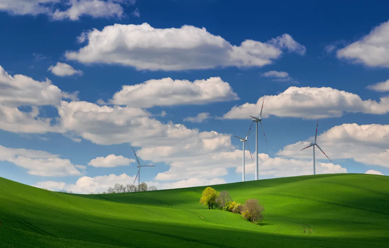Photo wallpaper field, clouds, hills, windmills, field, clouds, hills, windmills