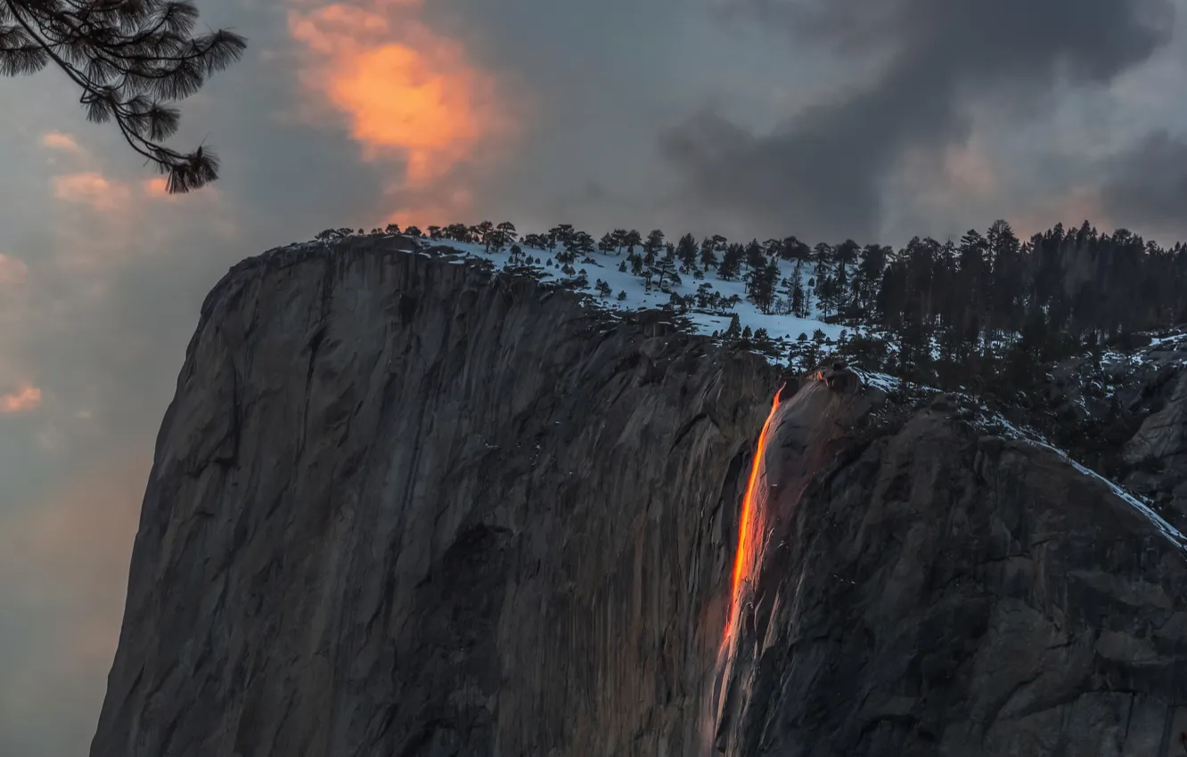 Photo wallpaper forest, clouds, light, mountains, branches, nature, rocks, waterfall