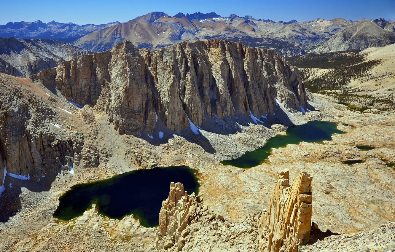 Photo wallpaper the sky, snow, mountains, lake, stones, rocks, USA, Sequoia National Park