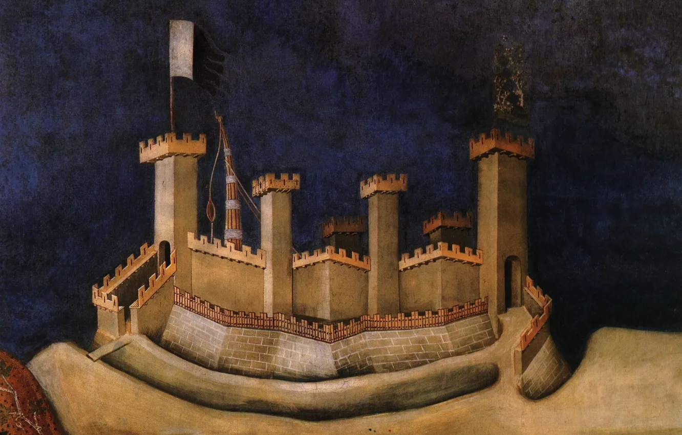 Photo wallpaper castle, flag, fortress, banner, Simone Martini, the middle ages