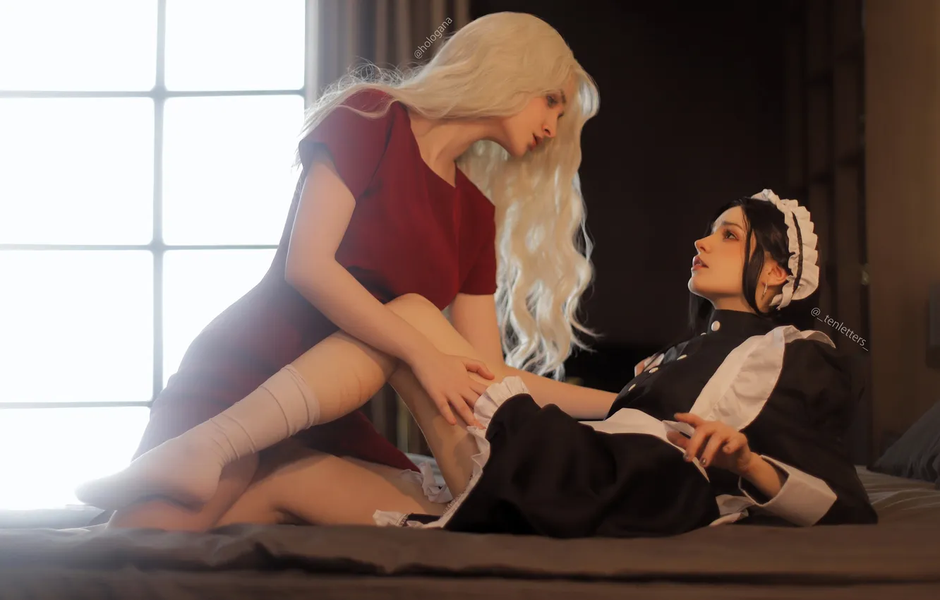 Photo wallpaper dress, brunette, blonde, costume, bed, image, the maid, cosplay