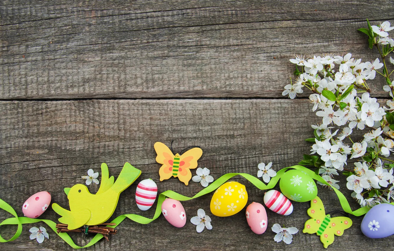 Photo wallpaper flowers, eggs, colorful, Easter, happy, wood, blossom, flowers