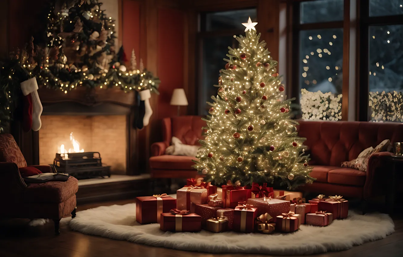 Photo wallpaper decoration, room, gift, balls, tree, new year, interior, Christmas