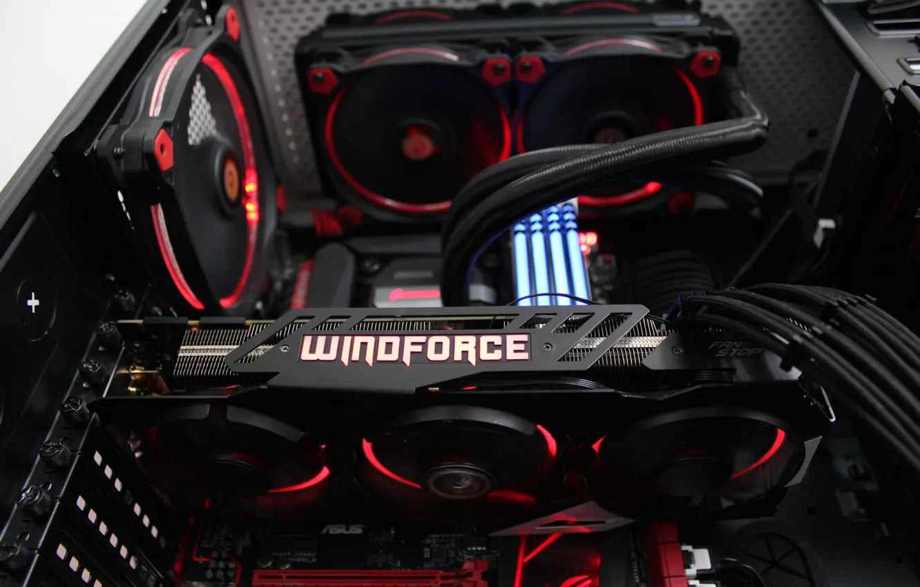 Photo wallpaper backlight, GeForce, iron, cooler, hi-tech, video card, asus, the system unit