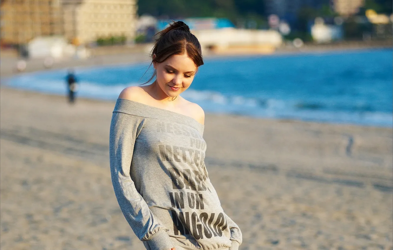 Photo wallpaper sea, wave, girl, the city, the wind, shore, surf, brown hair