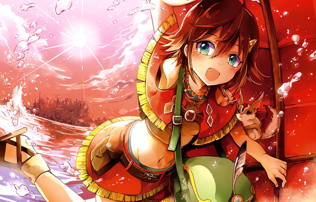 Photo wallpaper the sky, water, girl, the sun, clouds, drops, anime, protein