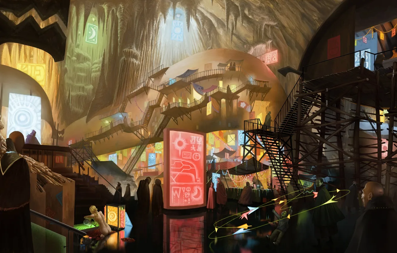 Photo wallpaper the city, fiction, people, art, ladder, cave, market