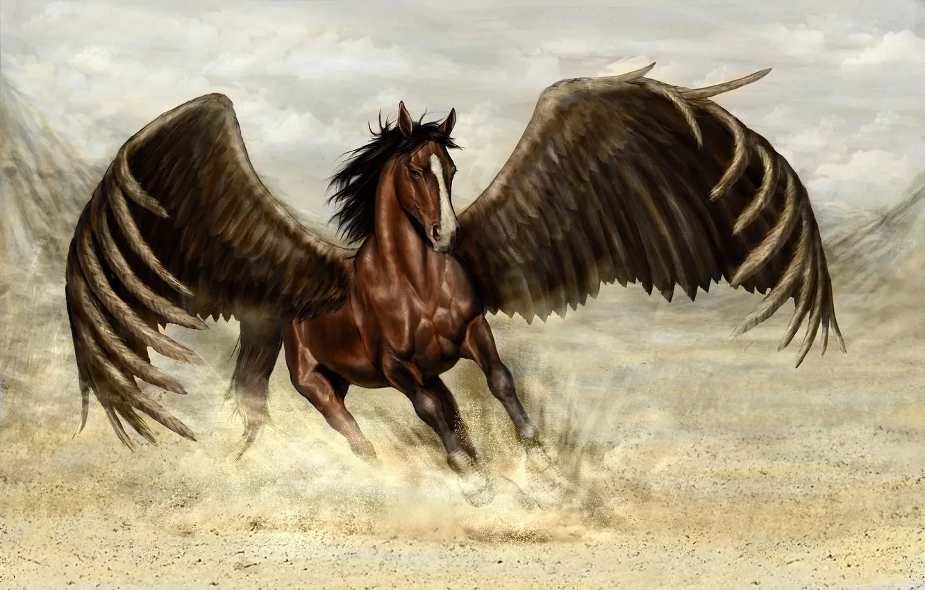 Photo wallpaper movement, fiction, horse, wings, dust, art, running, Pegasus