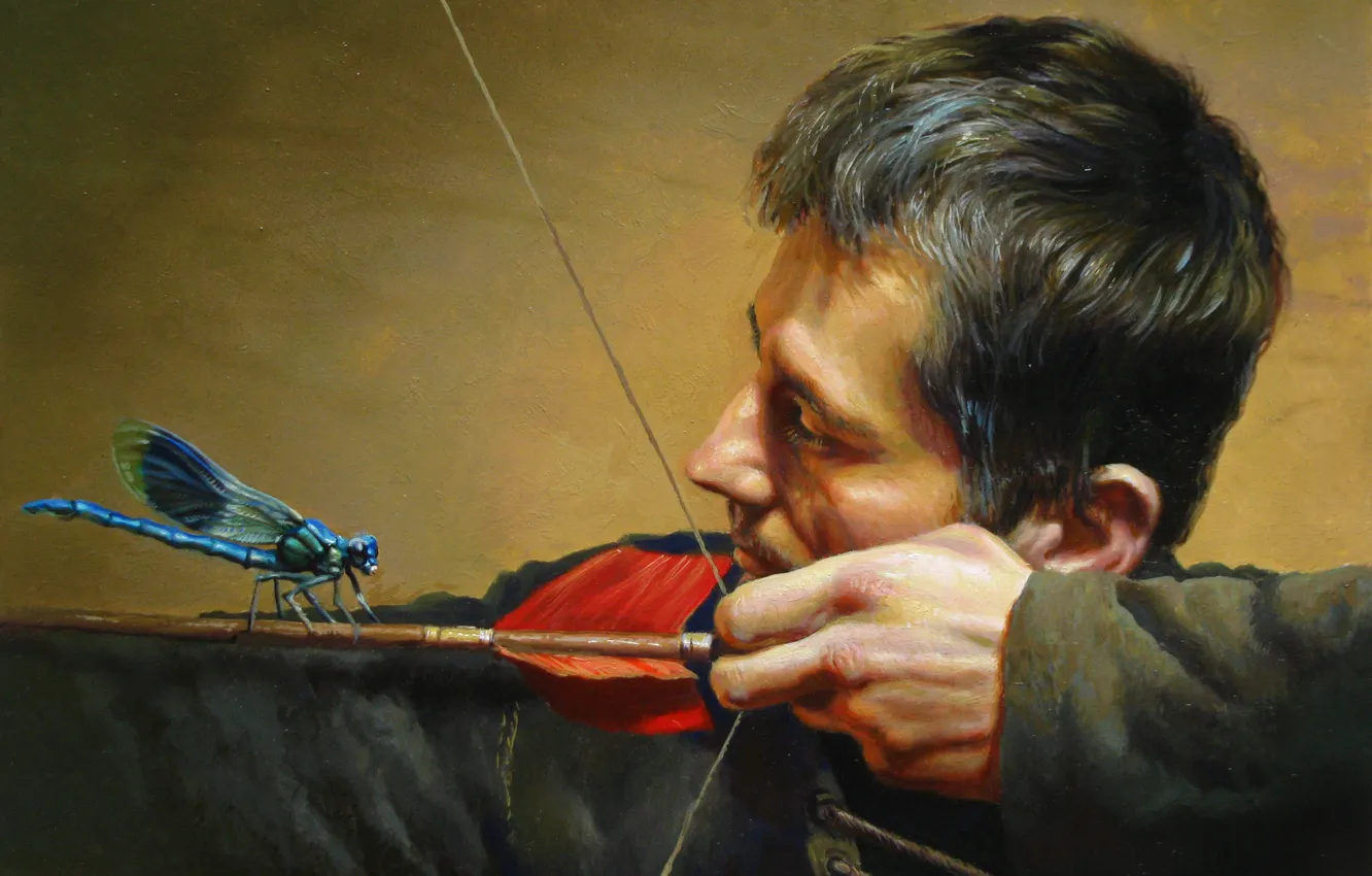 Photo wallpaper dragonfly, bow, art, male, arrows