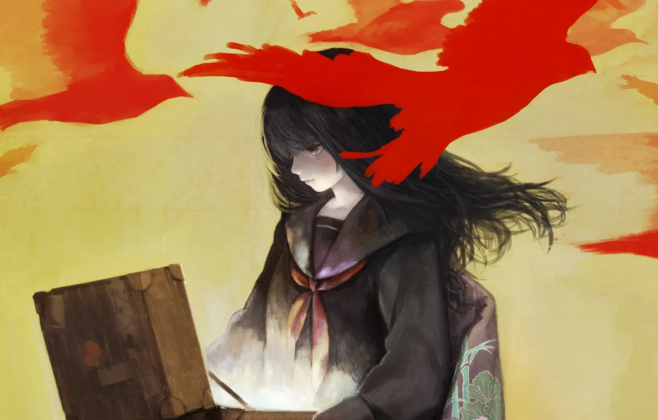 Photo wallpaper girl, light, red, bird, suitcase